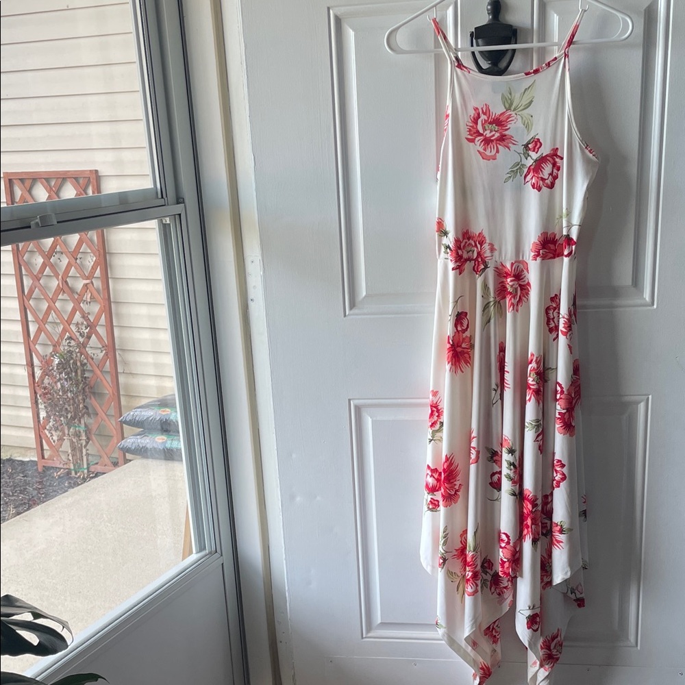 White Floral Handkerchief Hem Sundress - Red & Pink Flowers